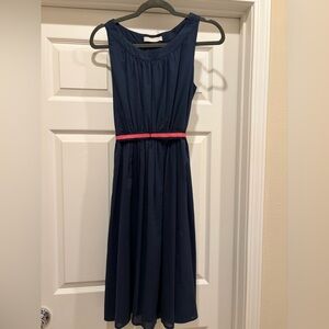 Anthropologie Hero & Leander Navy Blue Dress with Pink Belt, size medium